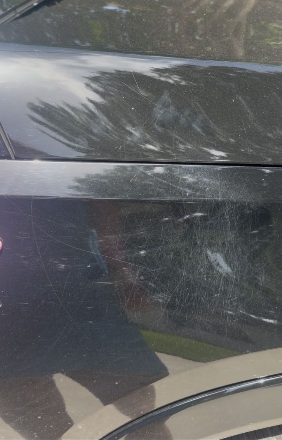 Black paintwork covered in swirl marks in direct sunlight
